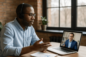 An African American male acting as a virtual sales manager speaking with a client over video chat.