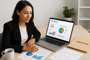 A clean, modern desk scene with a confident businesswoman reviewing digital HR dashboards on a laptop, alongside printed reports and an organized employee file folder. Subtle SAS brand accent colors are integrated into graphs on the screen.