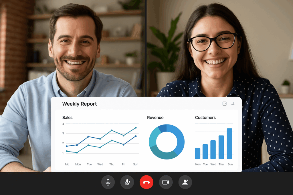 A friendly virtual meeting screenshot: a business owner and a virtual office manager on a video call, sharing a screen with performance charts or a weekly report. Everyone is smiling, conveying clear communication and teamwork.