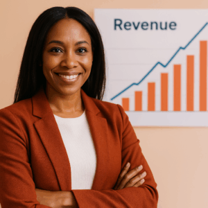 Small business owner reviewing revenue growth chart with branded SAS colors, representing business consulting, strategy planning, and sales management services.